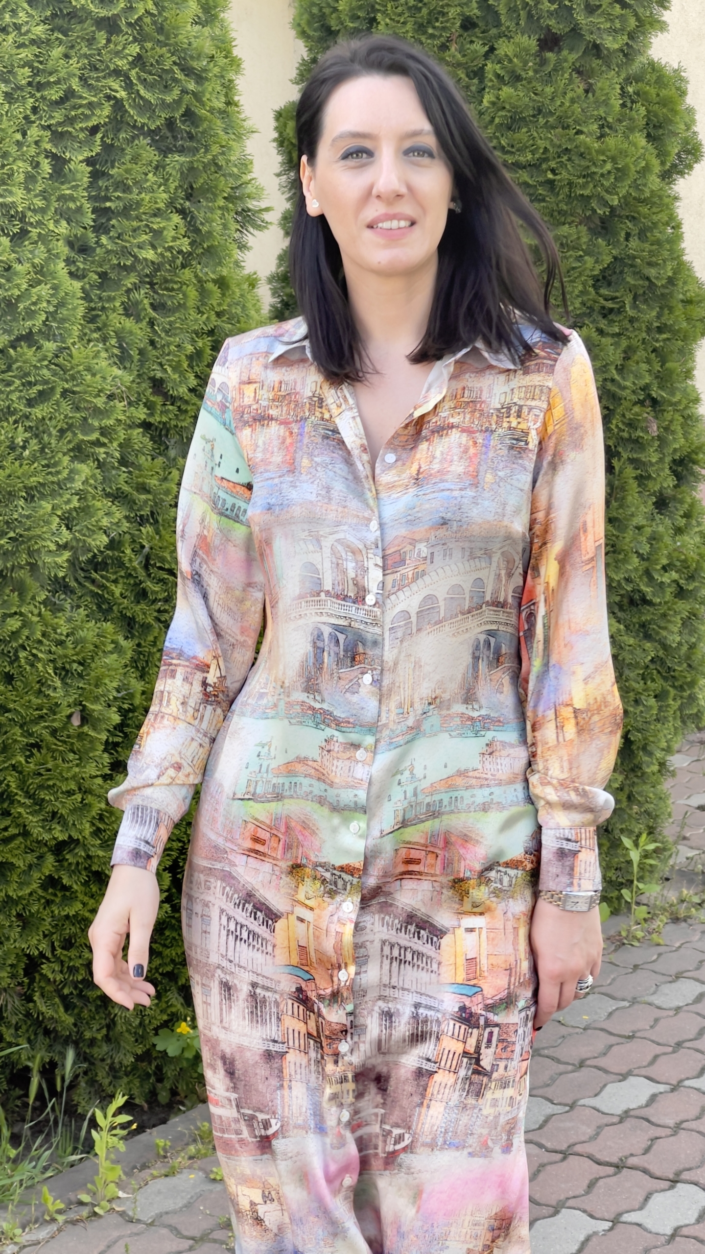 Printed natural silk shirt dress