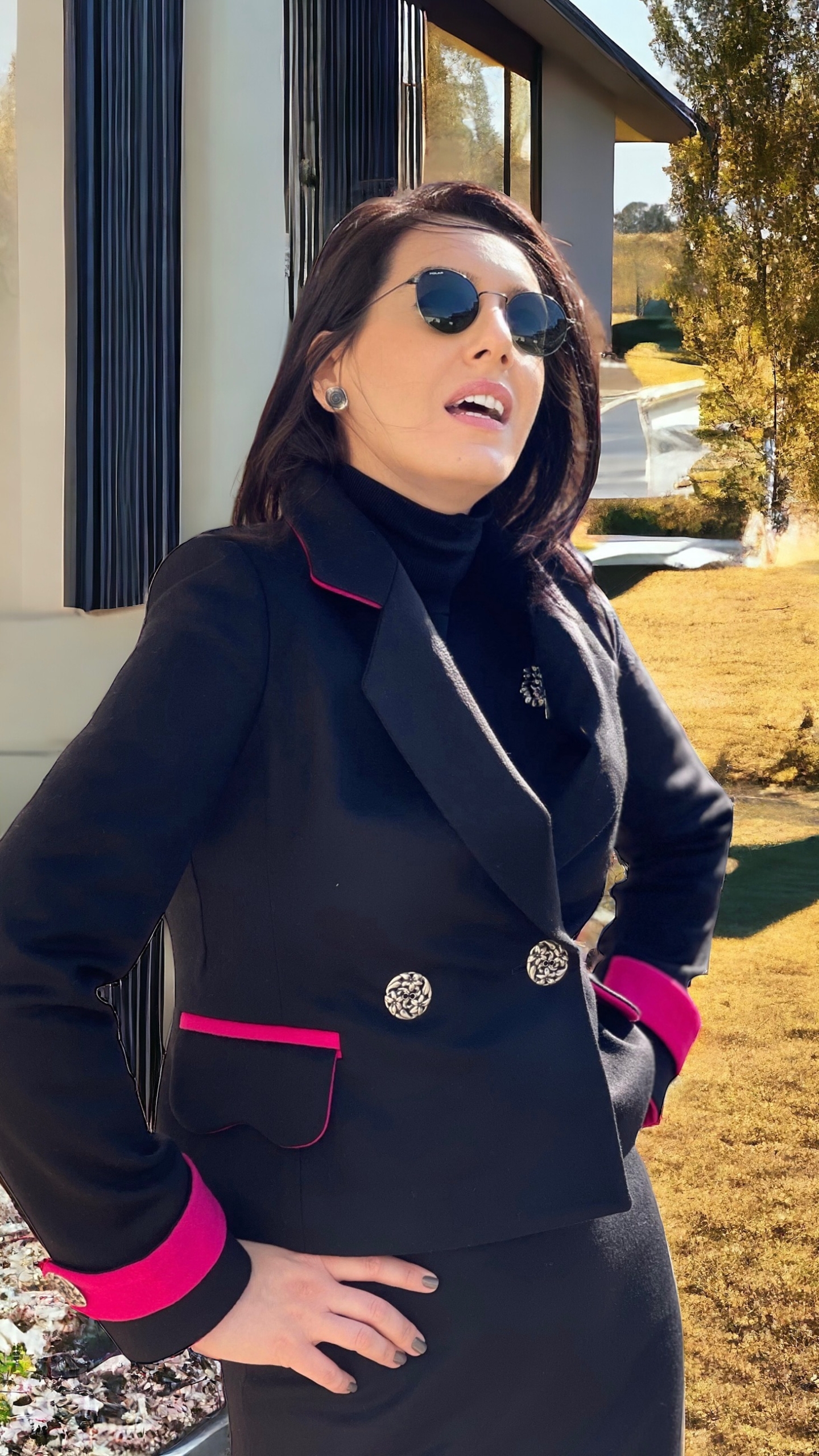 Black and fuchsia wool suit